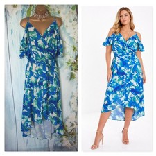Quiz Curve Size 24 Blue Jade White Hi Low Wrap Midi Dress Wedding Occasion