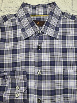 Robert Talbott Classic Button Shirt Blue Gray Plaid Long Sleeve Cotton Men XL