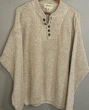 LL Bean Sweater Mens Large Tan Henley 100 Cotton Pullover Chunky Knit USA
