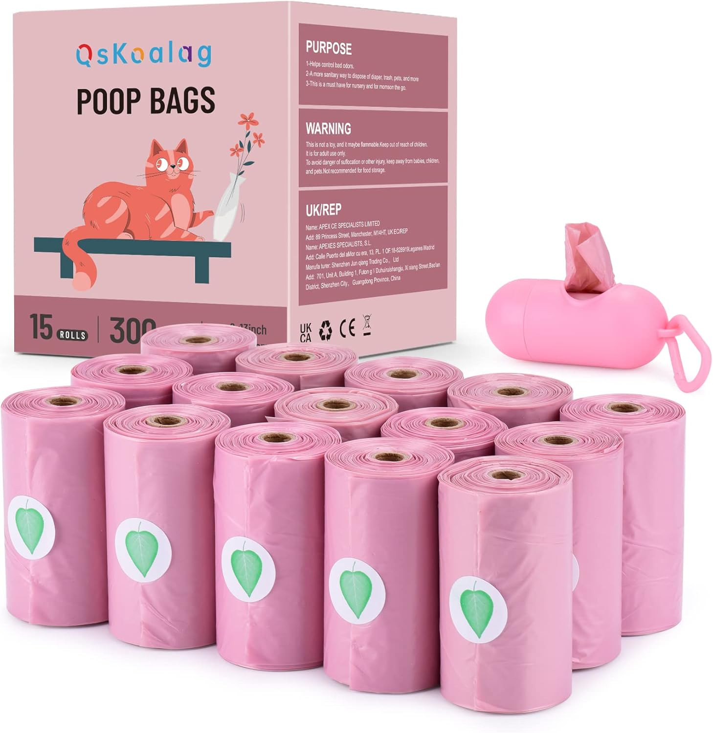 Biodegradable Pink Dog Poo Bags Lavender Scent with Dispenser - 300 Large Poop B