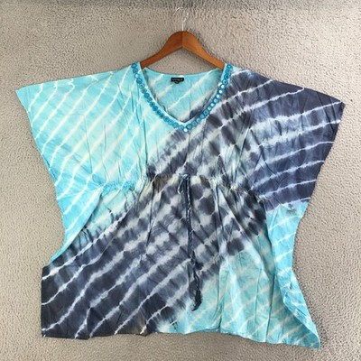 Venus Beach Cover-Up Top Womens 0/S Short Sleeve V-Neck Cotton Tie-Dye Blue