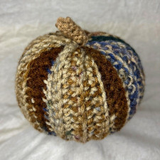 Handmade Crocheted Yarn Pumpkin Plush Multicolor Striped Tan Brown Blue Green