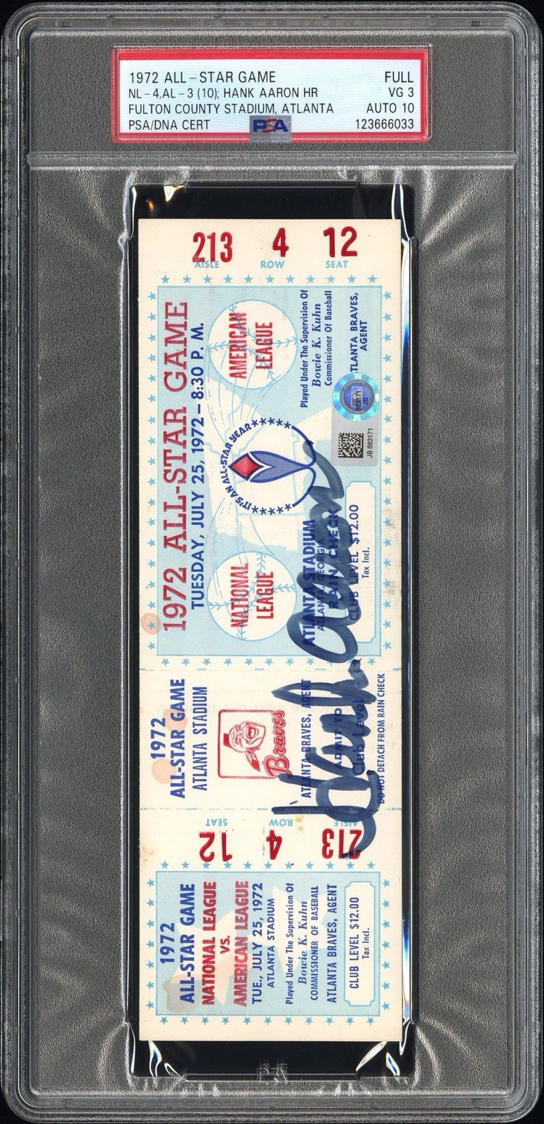 Hank Aaron Autographed Signed Full Ticket HR AUTO 1972 MLB All-Star Game Clemente PSA 