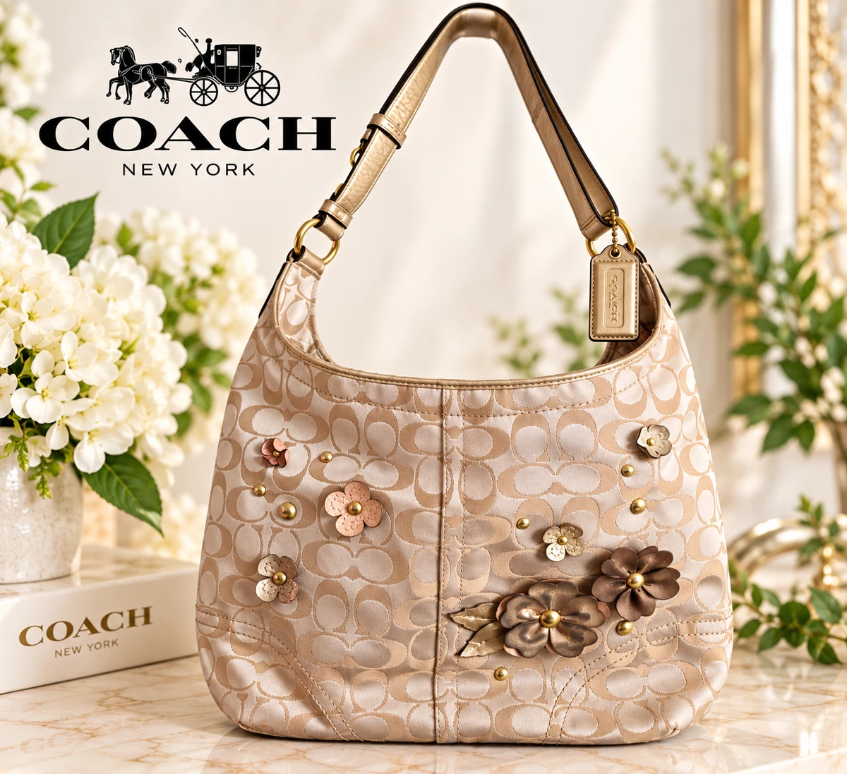 Coach コーチ　Hobo Bag Flower デイジー　ハーフムーン 25+ Coach Hobo Bag Floral Bags & Handbags for Women for sale