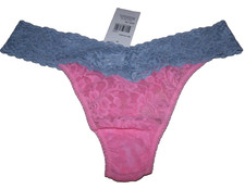 HANKY PANKY SIGNATURE LACE GREY/PINK ORIGINAL RISE THONG SZ ONE SIZE NWT