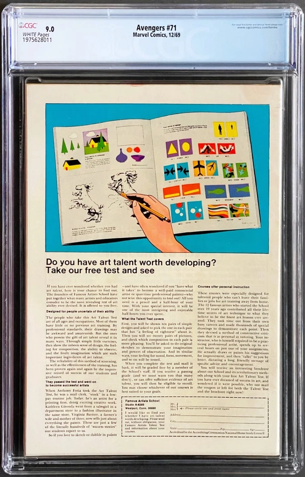 Avengers 71 CGC 9.0 White Pages 1969 Marvel Comics 1st App INVADERS Nice as 9.4 - Image 3 of 4