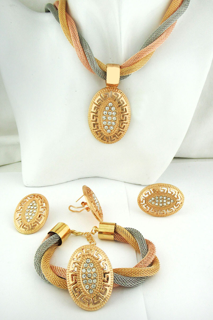 Silver Plated Jewelry Set - 4-Piece Bracelet Necklace Ring Earrings Gold Finish-image