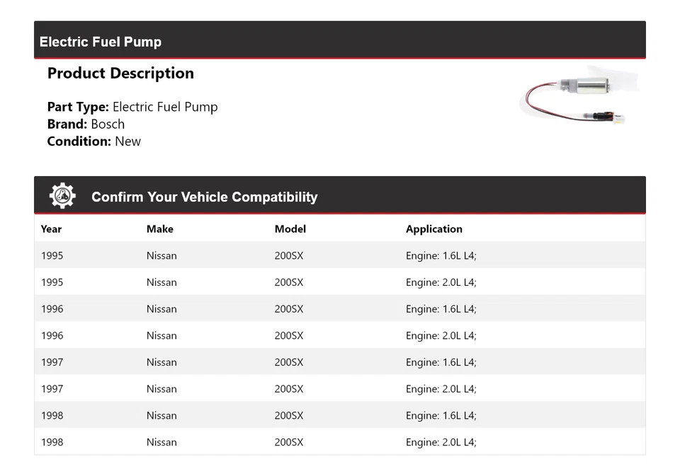 Bomba de combustible eléctrica Bosch 1995-1998 Nissan 200SX 1996 1997 Foto 2 de 4