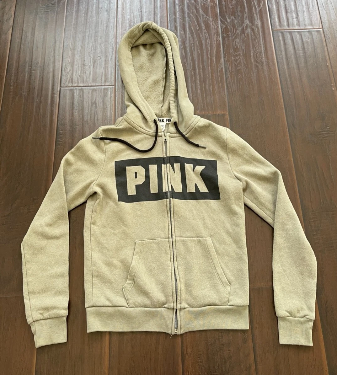 Victoria s Secret Pink Girls Women s khaki Full zip Hoodie Sweater