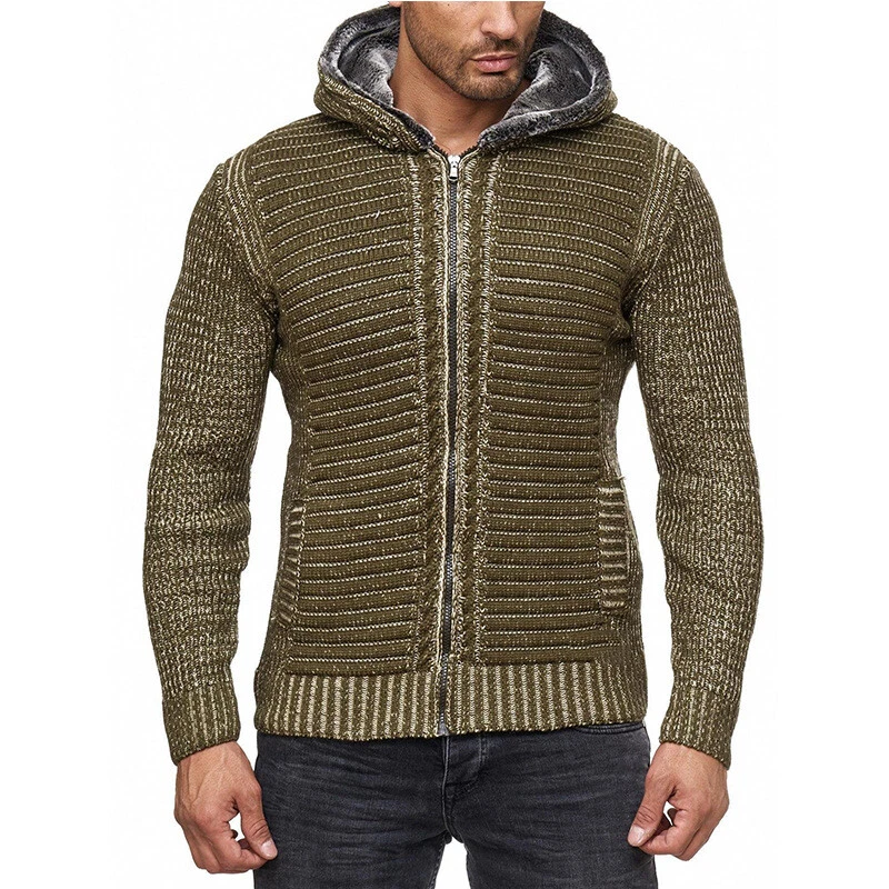 Mens Fleece Warm Lined Hoodie Knitted Cardigan Coat Zip Up Jumper Jacket Sweater