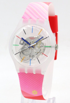 New Swiss Swatch RED RIVERS AND MOUNTAINS Silicone Watch 45mm SO29Z105 $95