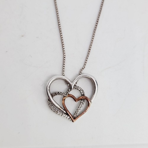 Natural Diamond .15ct Triple Heart Pendant Necklace 14k Rose Gold & 925 Silver