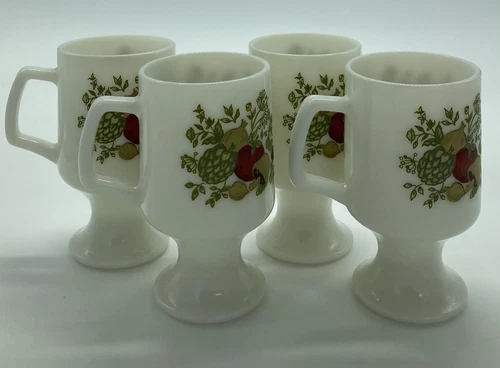 Vtg CorningWare Spice of Life Milk Glass Pedestal 10 Oz Coffee Mugs Cups Set of4