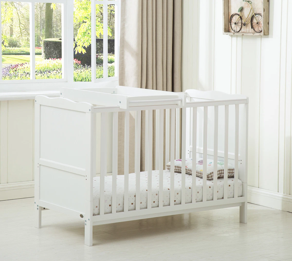 MCC® Wooden Baby Cot Bed Orlando with Top Changer & Water repellent  Mattress