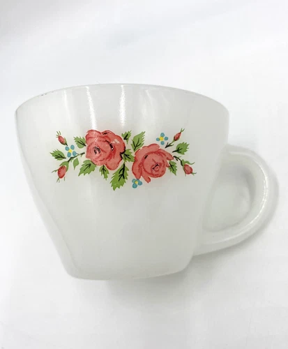 Vintage Anchor Hocking Fire King Milk Glass Roses Coffee Cup Tea Cup Mug.