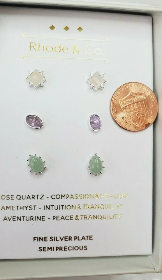 Kohl's Women's Silver Plate Genuine Semi Precious Stones 3 Pair Earrings Rose - Image 3 of 4