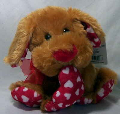 Party City Holly Brown Dog Red White Heart Plush Ribbon Bow Stuffed Toy 7'' NWT