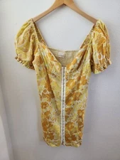 Urban Outfitters UO Britney Puff Sleeve Hook & Eye Mini Dress Retro Yellow Large