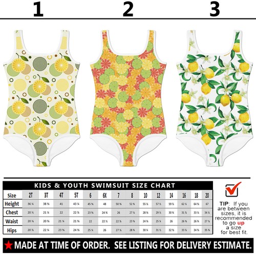 Kids Citrus Fruit Swimsuit #1 Baby Girl Teens Bathing Suit Lemons Limes Oranges - Picture 12 of 30