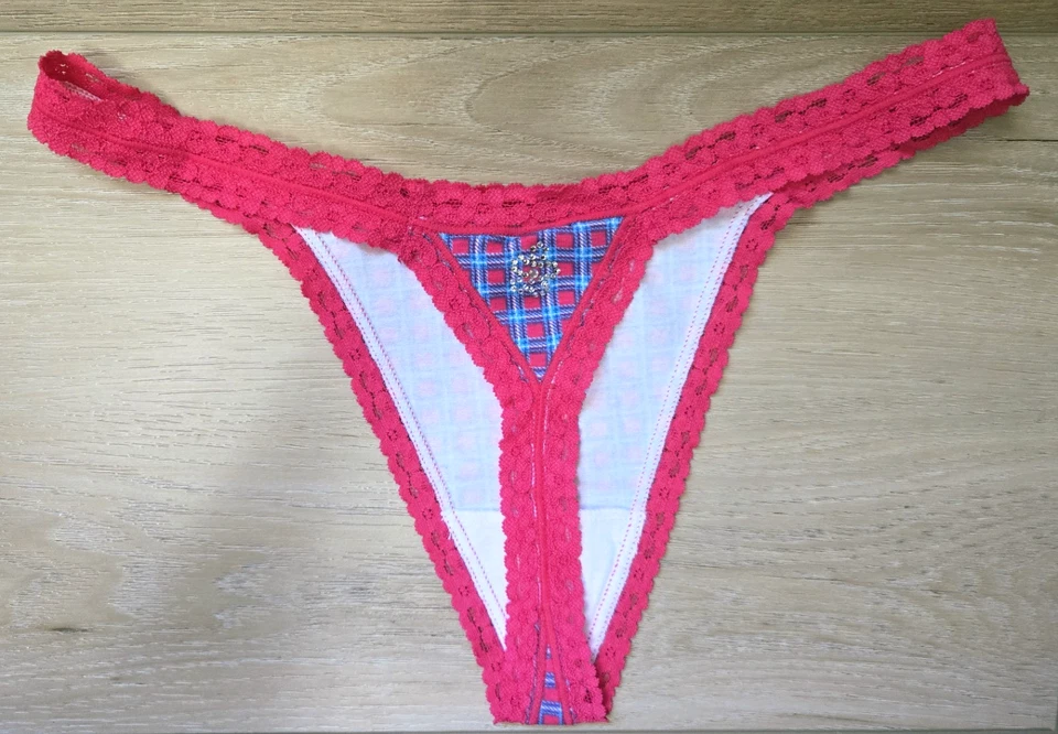 NWT Vintage Victoria's Secret Pink Plaid Cotton Blend Lace Trim Thong Panties S - Image 2 of 3