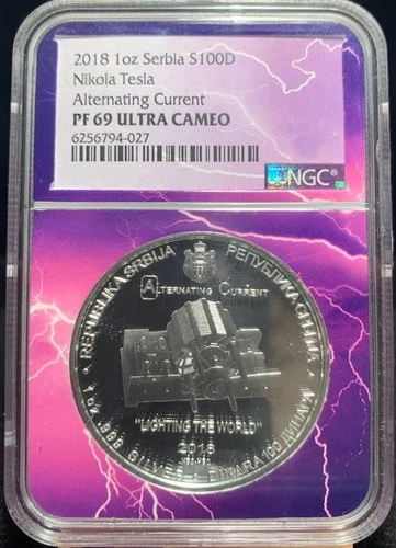 2018 Nikola Tesla "Alternating Current" SILVER Serbia 100Dinara –NGC PF 69 UCAM