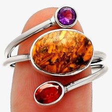 Anillo Coquina Fósil Jaspe, Granate y Amatista Plata 925 s.9.5 Joyería R-1209