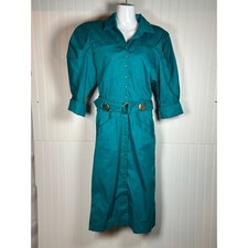 Vintage 80s/90s Teal Midi ButtonedBelted 100% Cotton Dress, Sz 7/8