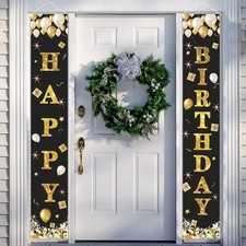 Black Gold Happy Birthday Banner Decorations, Happy Birthday Door Banner Porc...