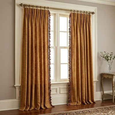 Vintage Heavy Pinch Pleat Curtains 26 x 89 Woven Gold with Tassels Drapes Formal