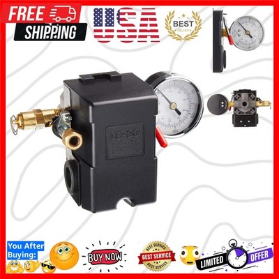 26 AMP H/D PRESSURE SWITCH AIR COMPRESSOR 145-175 4 PORT w/0-200 psi Gauge & ...