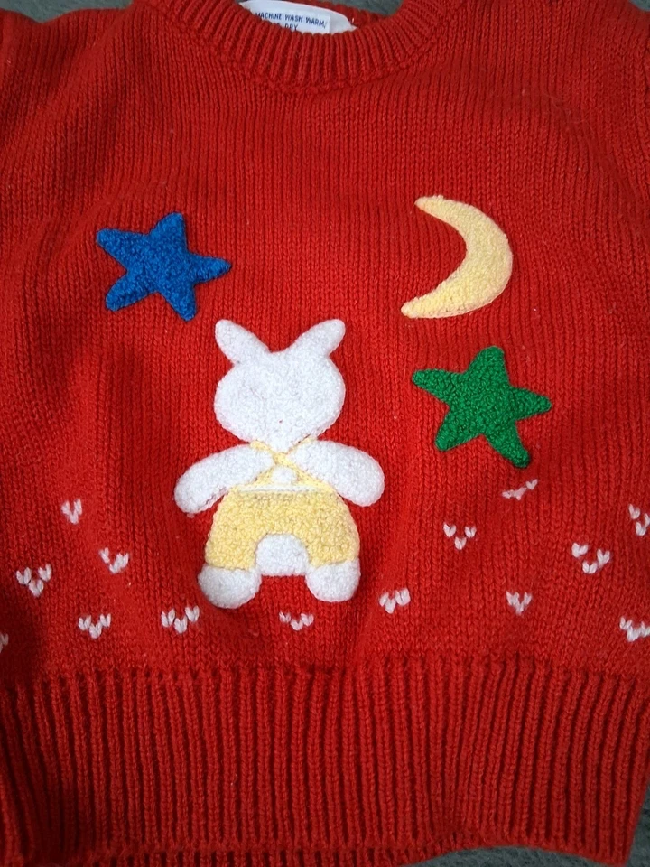 Suéter Vintage JJ Poole Bebé Niñas 3-6 Meses Rojo Bordado Conejito Luna Estrellas Foto 2 de 4