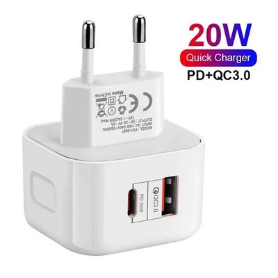 20W PD USB-C Fast Charger Dual Port QC 3.0 Wall Adapter for iPhone 12 Pro Max