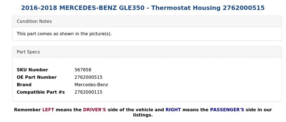 2016-2018 MERCEDES-BENZ GLE350 - Thermostat Housing 2762000515 - Image 4 of 4