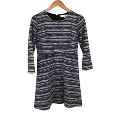 Ann Taylor LOFT Black/White Spacedye Tweed Stripe Flare Dress 3/4 Sleeve 2 FLAW