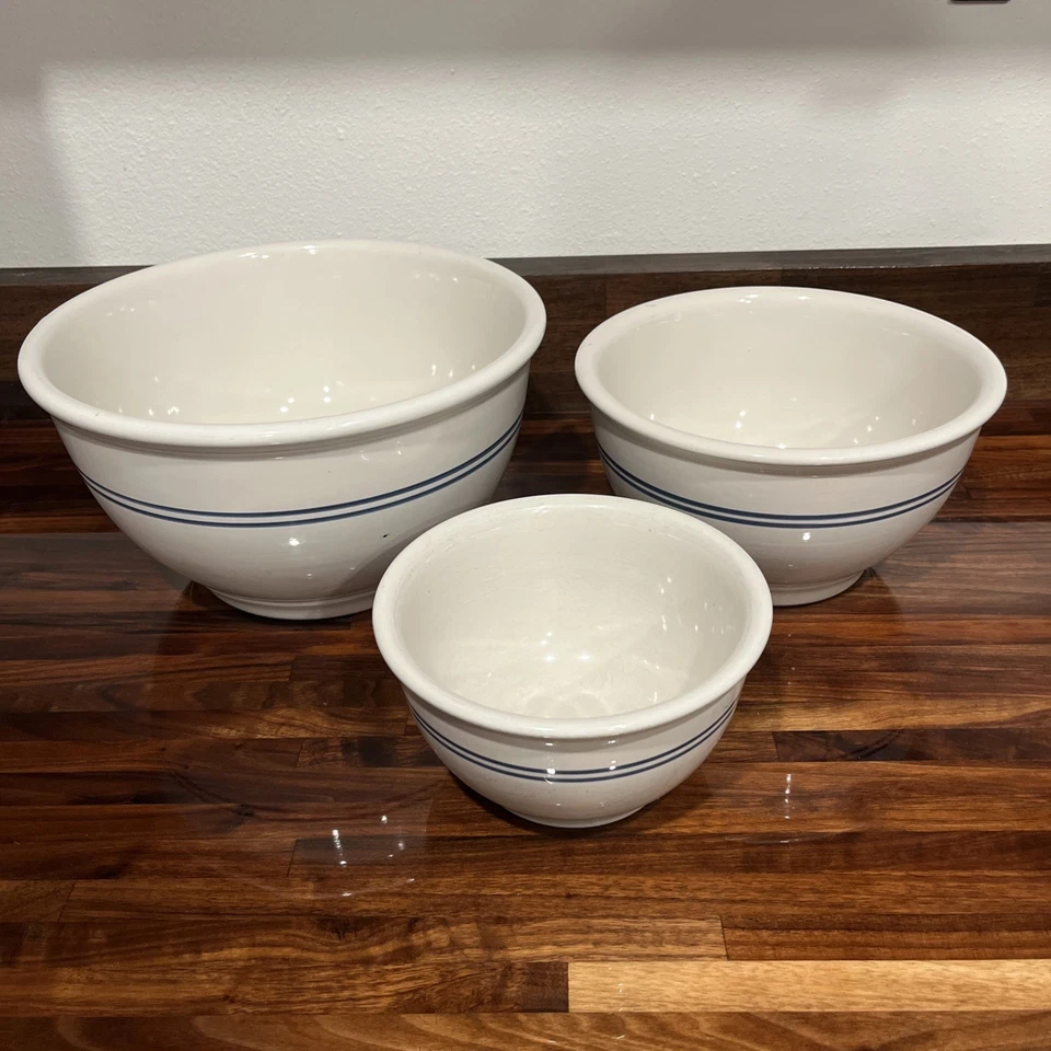 Gibson Farmhouse Set Of 3 White Double Blue Stripes Mixing Nesting Bowls Stone - Image 2 of 4