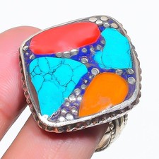 Red  Yellow Coral Turquoise Adjustable Ring Boho Tibetan Nepali Jewelry NR 3382