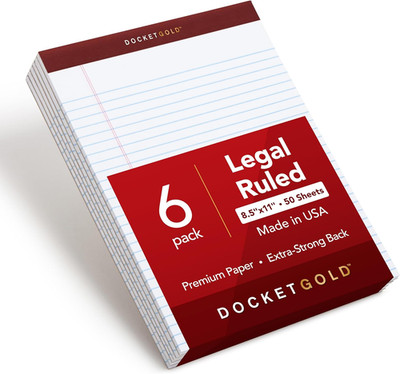 8.5 X 11 Legal Pads, 6 Pack, Premium Docket Gold Brand, Wide Ruled, Thick White 