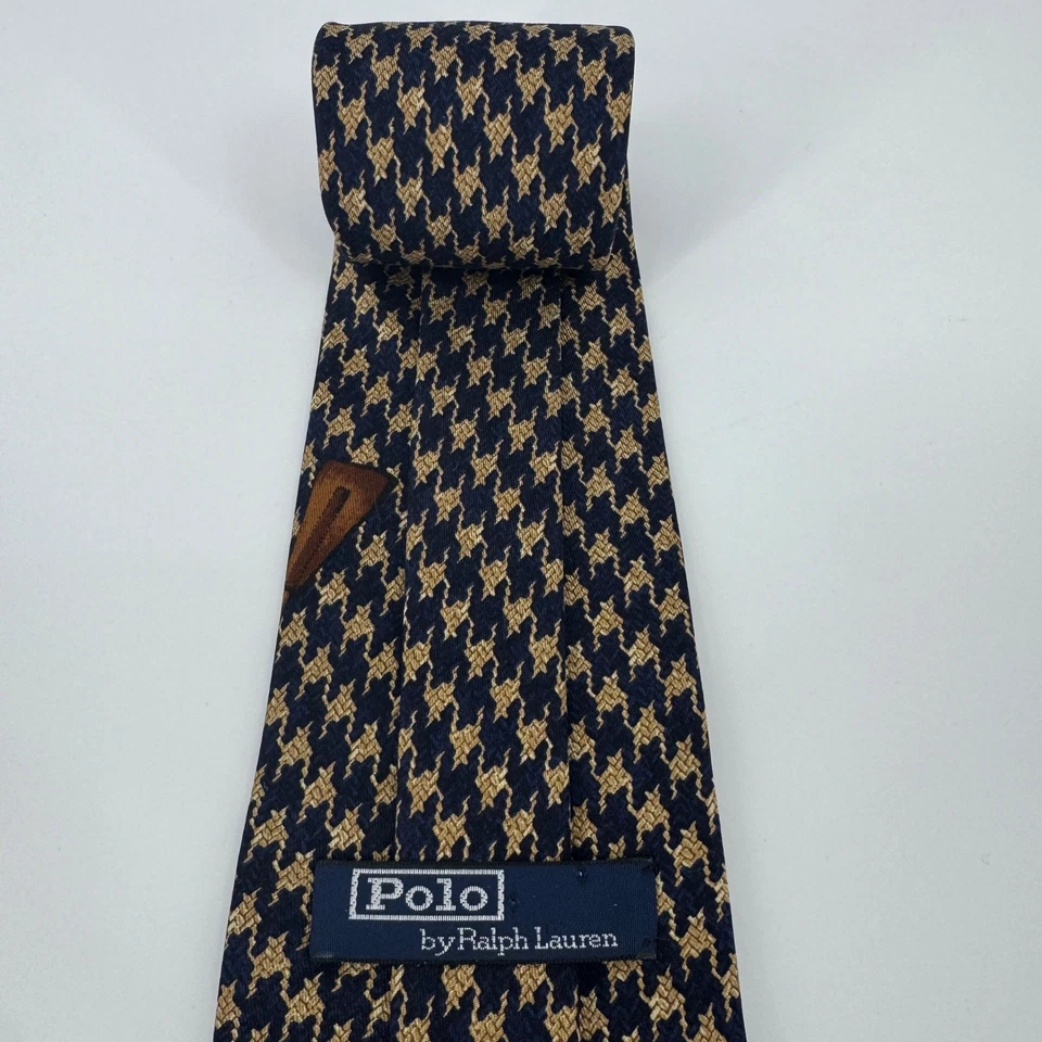 Vintage Polo Ralph Lauren Silk Horse Stirrup Horseshoe Tie Navy Gold Houndstooth - Image 4 of 4