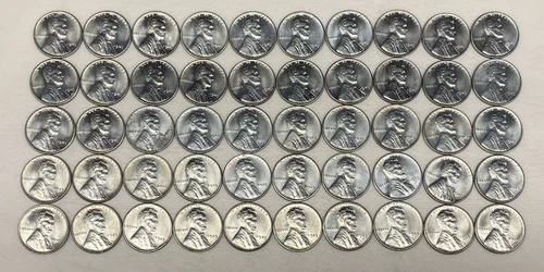 1943 P Steel Lincoln Wheat Cents AU UNC Full Roll 50 Coins WWII