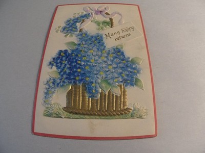 Embossed ''Many Happy Returns'' Floral Basket Postcard, Printed in Germany