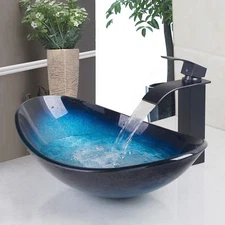 Oval Glass Wash Basin Bowl Bathroom Vessel Sink Black Waterfall Taps Faucet Set