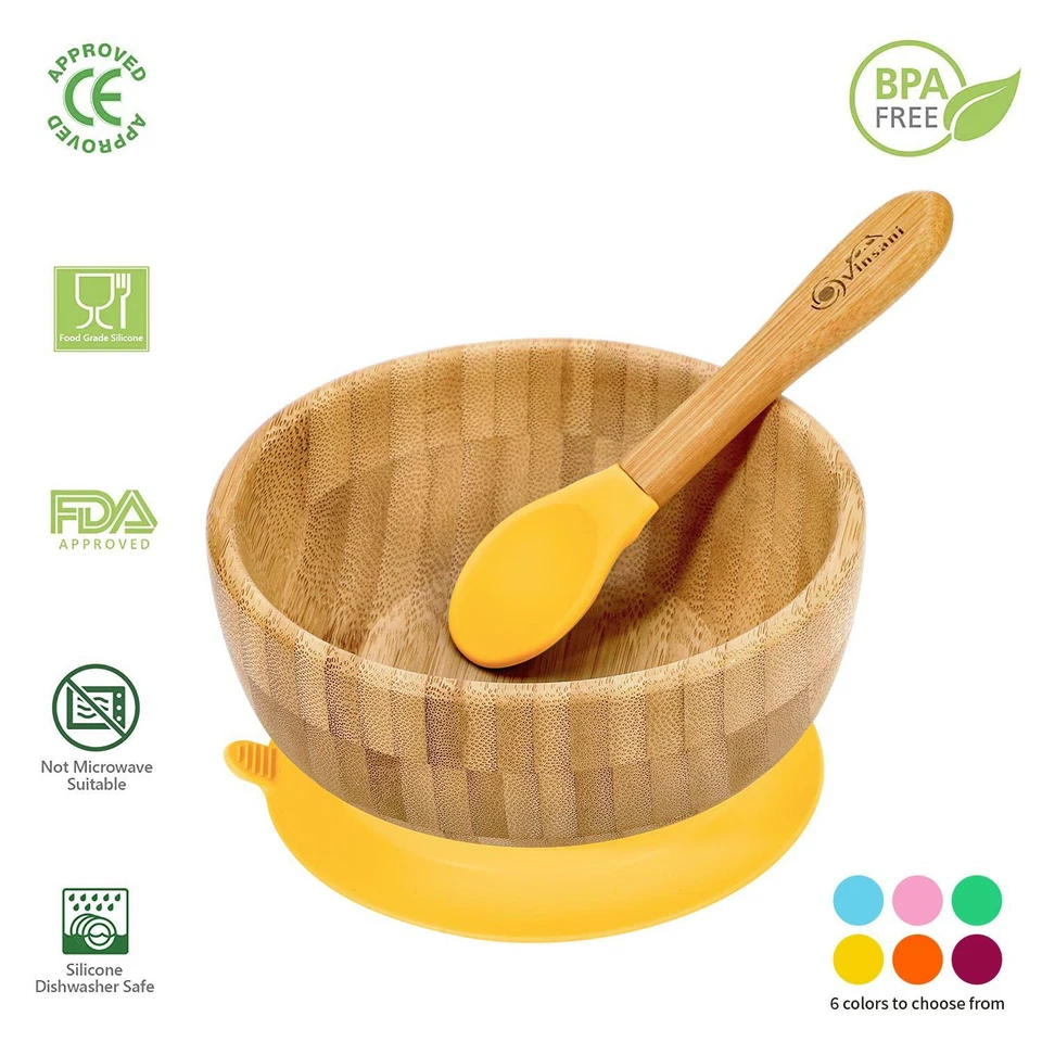 Vinsani Bamboo Bowl and Spoon Set Suction Plate Stay-Put Design
