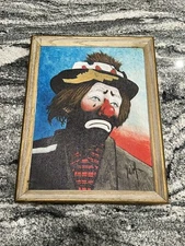 Vintage Leon Wolf Sad Clown Oil Painting Signed L. Wolf Framed Clown Portrait ￼