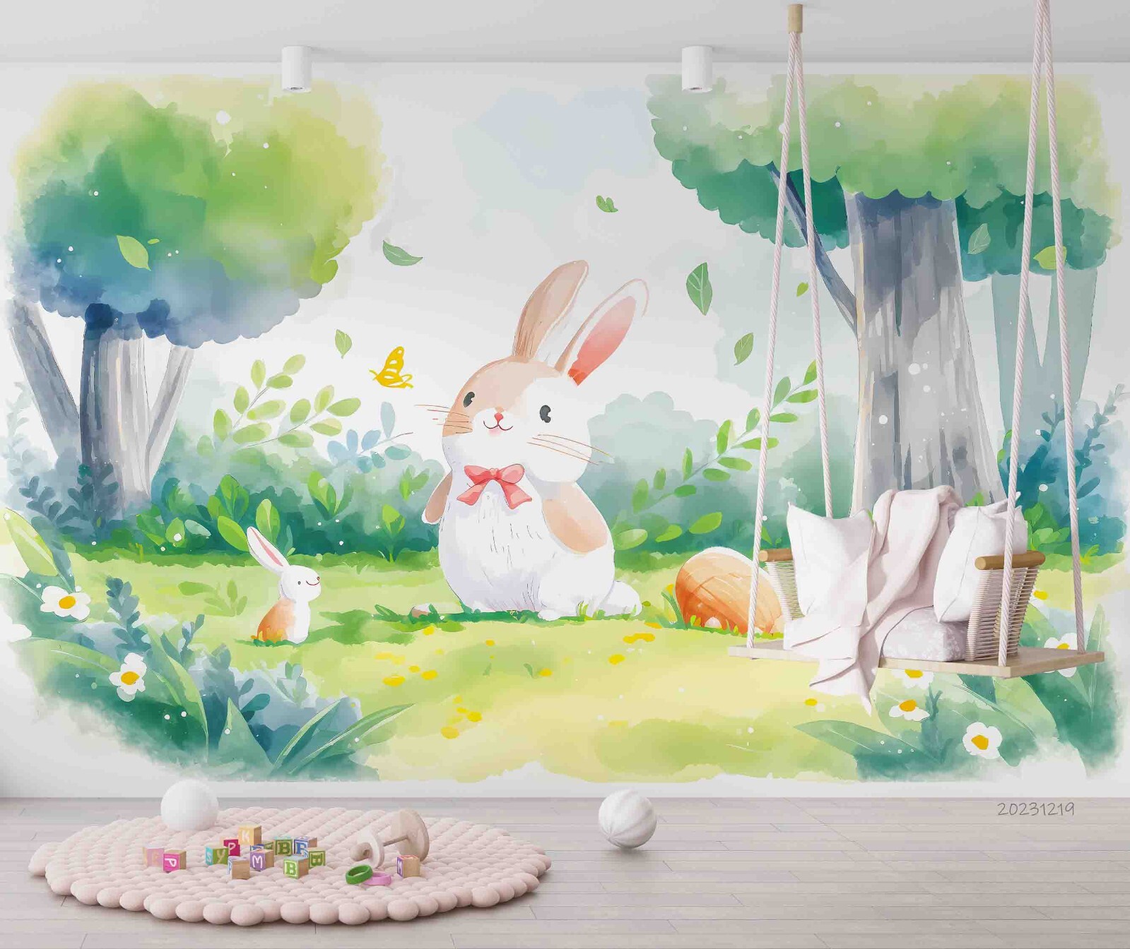 3D Watercolor Green Forest Rabbit Kids Wall Murals Wallpaper Murals Wall Sticker