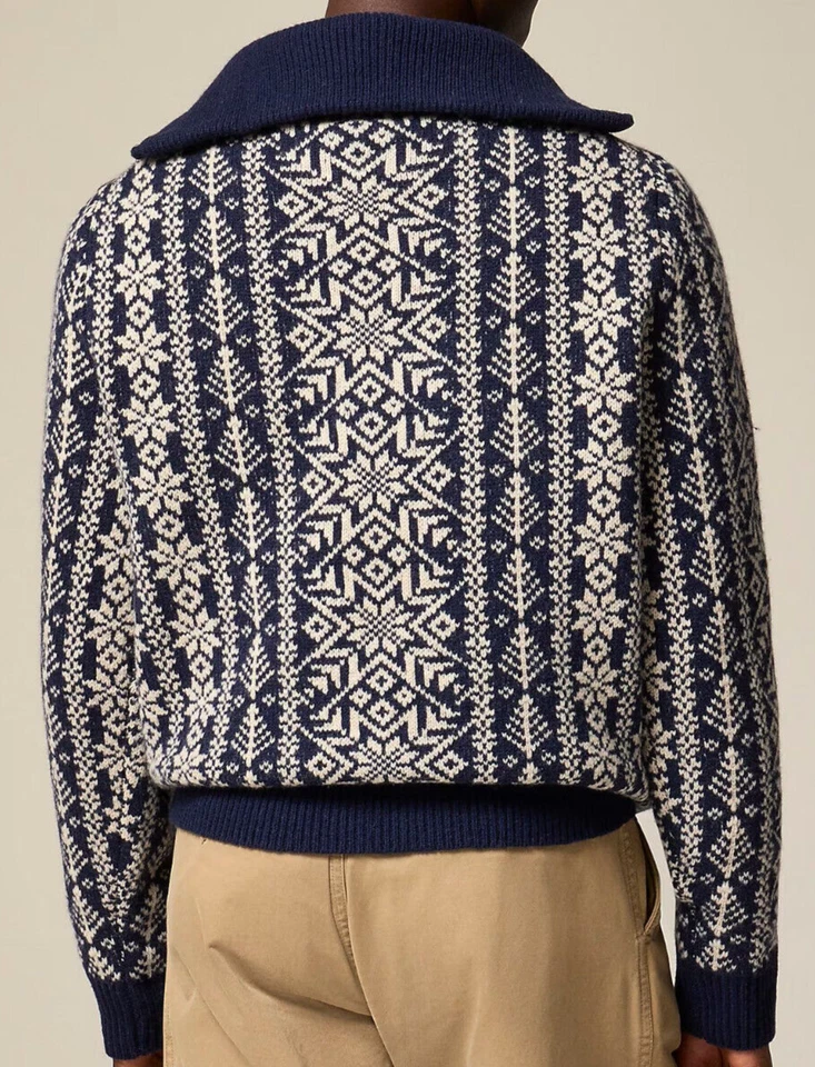 J Crew Wool Sweater Mens Blue Fair Isle Nordic 1/4 Zip Warm Chunky Shawl Collar - Image 2 of 4