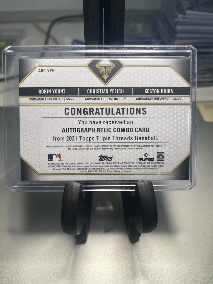 2021 Topps Triple Threads Yount Yelich Hiura triple patch Auto game worn mem /36 - Image 3 of 3
