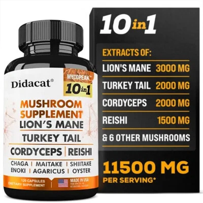 DIDACAT Mushroom Complex 11500mg w/ Lions Mane Turkey Cordyceps Reishi Chaga