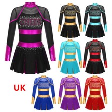 UK Kids Girls Cheerleading Dance Costume Long Sleeve Pleated Dress Dance Outfits