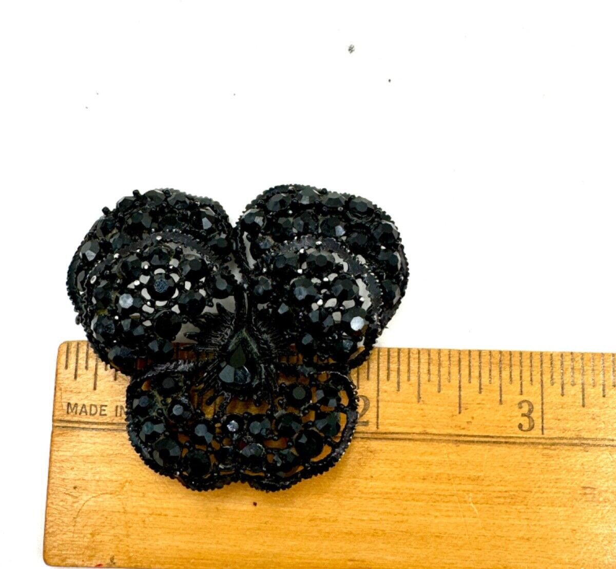ALBERT WEISS SIGNED BLACK FRENCH JET CRYSTALS PANSY FLOWER VINTAGE LARGE BROOCH