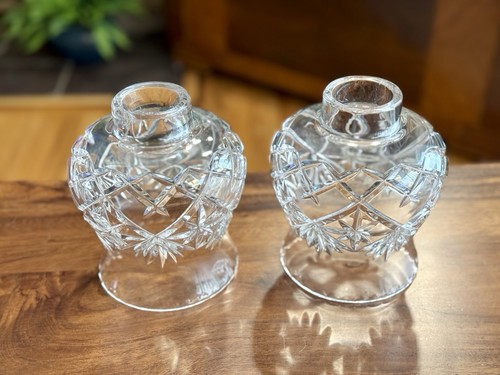 Pair of 6.25” Crystal Hurricane Candle Lamp Shade Cut Glass Diamond Fan HEAVY - Picture 2 of 18